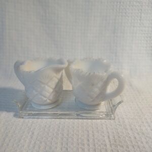 Vintage Milk Glass Petite Cream and Sugar Set on Clear Glass Tray